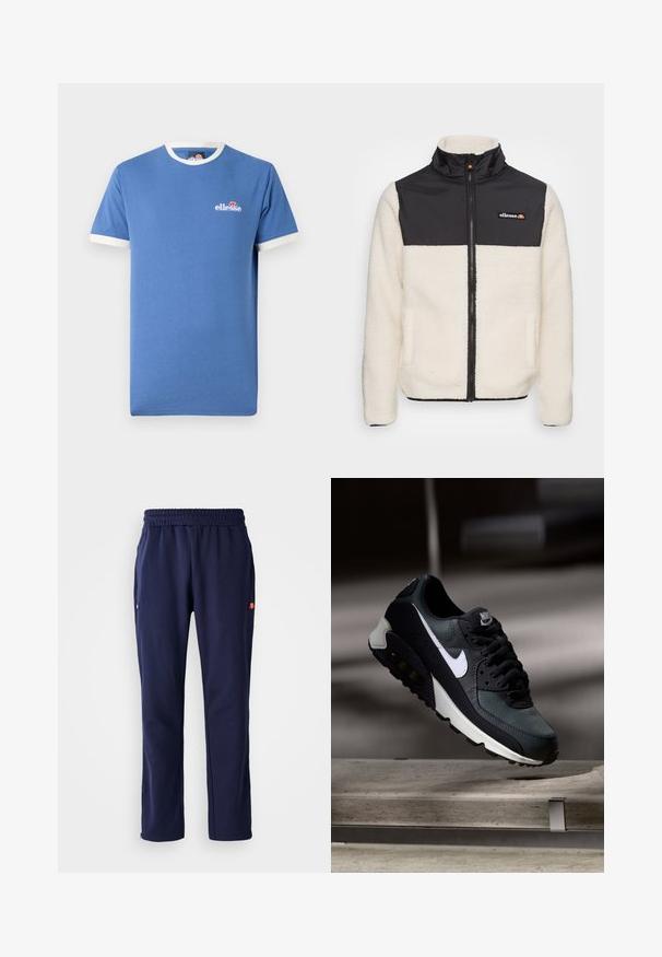 Fliisjakker, millel on kreemivärvi keha ja must nailonülemus. Omab kõrget kraed, ees oleva tõmbluku ja kahte küljetaskut. Rinnal on logo.; Sinine lühikeste varrukatega t-särk, millel on valge kaela- ja varrukaäär. Rinnal on väike valge logo. Valmistatud pehmest puuvillast materjalist.; Tumed sättepantid elastse vöökoha, küljetaskute ja väikese logo detailiga vasakul taskul. Valmistatud pehmest ja sileda kangast.; Must must ja rohelised tossud, millel on mustriline võrgu pealmine osa, valge Swoosh-logo, pehmendatud krae ja nähtav õhutusüksus tallas.