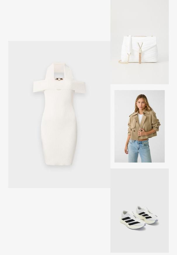 Stradivarius SMART FLOWING - Ljetna jakna - khaki; Bijela haljina s rebrastim uzorkom, uskog kroja, off-shoulder dizajnom i upečatljivim velikim kragnom s zlatnim detaljem sprijeda.; Bijele atletske cipele s crnim prugama i brandingom, s mrežastim gornjištem, zaobljenim prstom i debelim krem srednjim dijelom za ublažavanje.; Bijela torbica sa kvadratnim uzorkom, s preklopom, zlatnim lancem kao trakom za nošenje, i posebnom zlatnom opremom koja sadrži naglasak u obliku "V" i detalj s resicama.