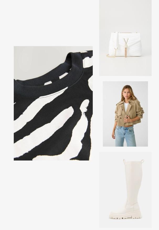 Stradivarius SMART FLOWING - Leichte Jacke - khaki; Schwarzes T-Shirt mit kurzen Ärmeln, das ein weißes Zebra-Streifen-Muster aufweist, aus glattem Baumwollstoff gefertigt, mit rundem Halsausschnitt und genähten Kanten.; Knöchelhohe weiße Gummistiefel mit einer robusten Sohle und elastischen seitlichen Einsätzen. Verfügt über Zuglaschen an der Oberseite für leichteres Anziehen. Glatte Textur.; Weiße gesteppte Handtasche mit einem Umklappdeckel, goldener Kettenriemen und auffälligen goldenen Beschlägen mit einem "V"-Akzent und Quastendetail.