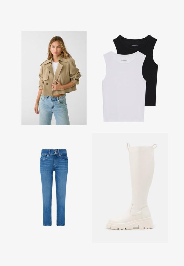 Stradivarius SMART FLOWING - Kevyt takki - khaki; Kaksi hihattomaa toppia mustana ja valkoisena, valmistettu ribbikankaasta, jossa on pyöreät kaula-aukot ja tiukka muotoilu. Tunnisteet näkyvät molemmissa.; Siniset farkut suoran istuvuuden kanssa, joissa on kaksi etutaskua, napitus kaksilla napeilla ja hienovaraista kulumista jaloissa.; Valkoiset kumisaappaat polven korkeudelle, joissa on paksu pohja ja sivu-elastiset paneelit. Ylhäällä olevat vetonauhat helpottavat pukemista. Sujuva pinta.