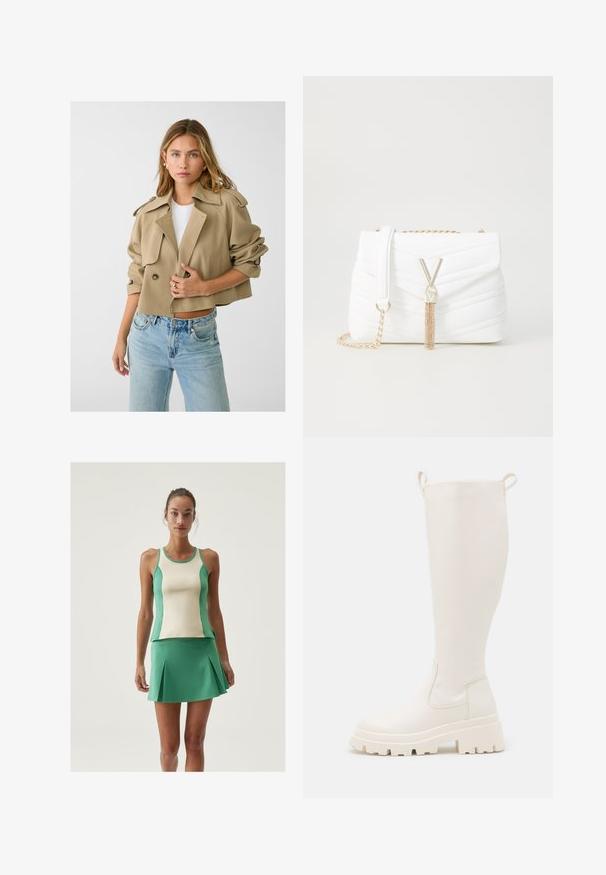 Stradivarius SMART FLOWING  - Lehká bunda - khaki; Bílý dlouhý rukáv top vyrobený z měkké, hladké látky. Má kulatý výstřih a slim fit s minimálními švy.; Zelený a krémový sportovní top na tenké ramínka, spárovaný s odpovídající zelenou plisovanou sukní. Hladká textura, přiléhavý design.; Bílé gumové holínky do výše kolen s robustní podrážkou a elastickými panely po bocích. Obsahují poutka na vrcholu pro snadnější obouvání. Hladký povrch.; Bílá prošívaná kabelka s překlopným víkem, zlatým řetízkem a charakteristickými zlatými doplňky s akcentem ve tvaru "V" a detailem v podobě třásně.