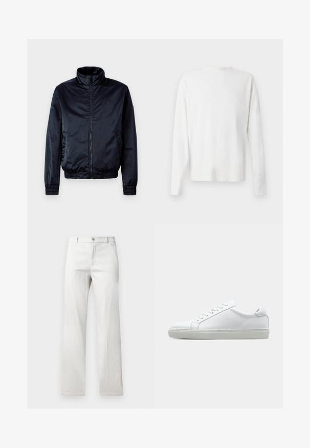 Giacca bomber blu navy realizzata in materiale liscio e leggero, con chiusura a zip frontale, colletto alto, polsini elasticizzati e vita elastica.; Camicia bianca in cotone a maniche lunghe con scollatura rotonda, spacchi laterali in fondo e una texture liscia, mostrata da dietro.; Pantaloni grigi chiari dallo stile a gamba dritta, realizzati in un tessuto morbido, con chiusura frontale a bottoni e tasche laterali.; Sneaker bianco con tomaia in pelle liscia e profilo basso. Presenta una punta arrotondata, sei occhielli e una suola in gomma testurizzata.