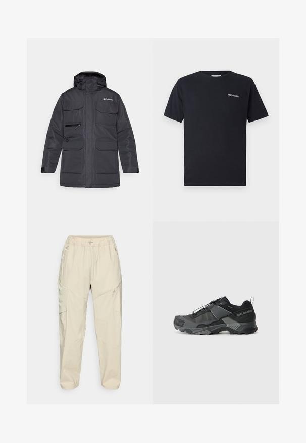 Fekete téli kabát, kapucnival, több elülső zsebbel és cipzáras mellzsebbel. Tartós, vízlepergető anyagból készült.; Fekete, rövid ujjú póló, amely pamutból készült, a bal mellrészen egy kis fehér Columbia logóval. Klasszikus kerek nyakú és laza szabású.; Beige színű, könnyű cargo nadrág elasztikus derékkal, zipzáras oldalzsebekkel és fazonra szabott lábakkal a kényelmes illeszkedés érdekében.; Fekete terepfutó cipő tartós hálós felsőrésszel, megerősített orr résszel, texturált gumitalppal és rugalmas fűzőrendszerrel a biztonságos illeszkedés érdekében.