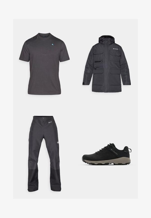 Schwarze Winterjacke mit Kapuze, mehreren vorderen Taschen und einer mit Reißverschluss geschlossenen Brusttasche. Hergestellt aus robustem, wasserabweisendem Material.; Kurzarm-T-Shirt mit Rundhalsausschnitt aus dunkelgrauer Baumwolle mit strukturiertem Finish. Besitzt ein kleines blaues Logo auf der linken Brust.; Schwarze wasserdichte Hose mit glatter Textur, ausgestattet mit einem GORE-TEX-Logo auf der Vorderseite und verstärkten Unterschenkeln für zusätzliche Haltbarkeit.; Schwarze Wanderschuhe mit glattem Obermaterial, perforiertem Design, grauer Laufsohle und verstärktem Fersenbereich. Mit Schnürsenkeln und einer Schlaufe für einfaches Anziehen.