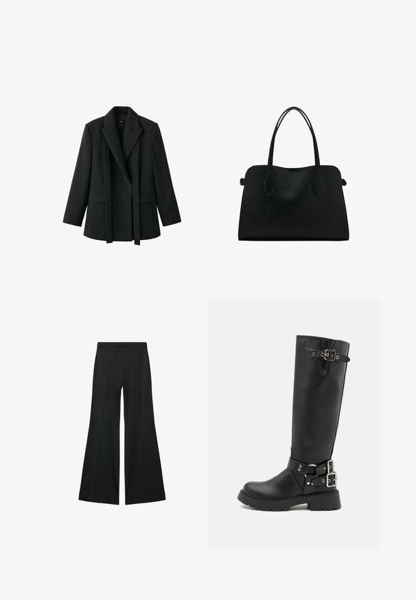 Schwarzer Blazer mit klarer Schnittführung, Schalkragen, offenem Vorderteil und zwei Vorderentaschen. Hergestellt aus glattem Stoff mit figurbetontem Schnitt.; Schwarzes kurzärmeliges Top aus weichem Stoff, mit rundem Ausschnitt und ausgestelltem Saum mit dezenten Nahtdetails.; Schwarze weit geschnittene Hose mit glatter Textur, ausgestattet mit Frontfalten und einem taillierten Design. Der Stoff ist leicht und fließend.; RAID WESTINN - Plateaustiefel - black; Schwarze Lederhandtasche mit zwei Schulterriemen, rechteckiger Form und minimalistischem Design auf weißem Hintergrund.