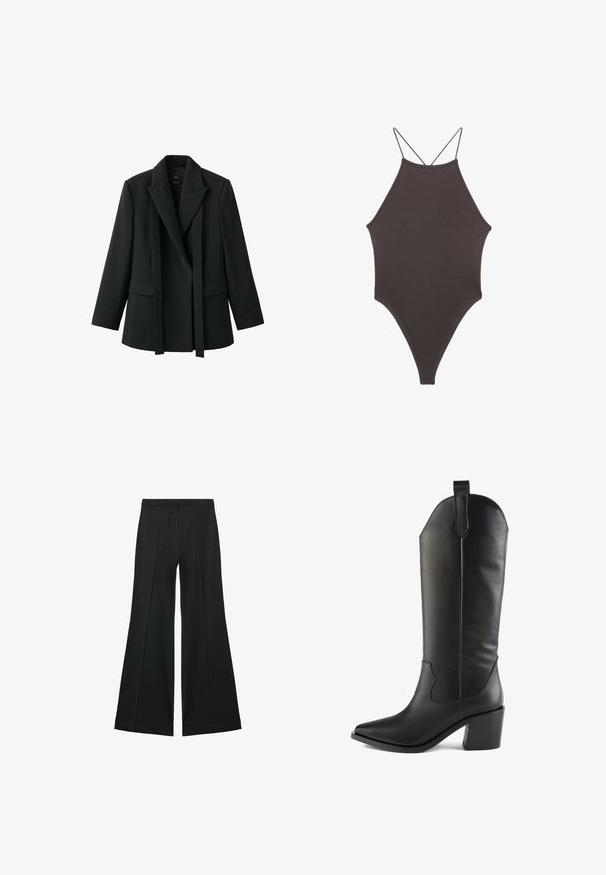 Crni blejzer sa strukturiranim dizajnom, ovratnikom u obliku šala, otvorenog prednjeg dijela i dva prednja džepa. Napravljen od glatkog materijala s krojem po mjeri.; Smeđi jednodijelni kupaći kostim s visokim ovratnikom i tankim, prilagodljivim trakama; ima visoko izrezane nogavice i glatku teksturu. Bez uzoraka ili dekoracija.; Crne široke hlače s glatkom teksturom, koje imaju prednje nabore i kroj po mjeri. Tkanina je lagana i lepršava.; Crne kožne čizmice do koljena s pointed toe, blok petom i dekorativnim šavovima. Glatka tekstura s laganim sjajem.