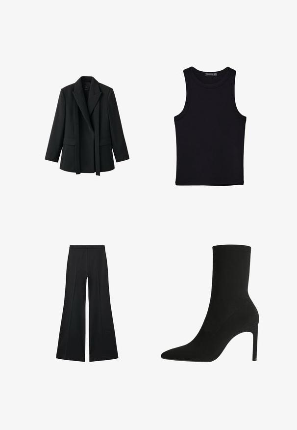 Czarna marynarka o wyraźnej konstrukcji, z kołnierzem typu szalowego, otwartym przodem i dwoma przednimi kieszeniami. Wykonana z gładkiego materiału, o dopasowanym fasonie.; Czarny top na ramionczkach wykonany z bawełny, z okrągłym dekoltem i szerokimi wycięciami na ramionach. Gładka tekstura z przeszytymi brzegami. Klasyczny, minimalistyczny design.; Czarne spodnie o szerokich nogawkach z gładką teksturą, z przodu ozdobione zakładkami i skrojonym fasonem. Materiał jest lekki i zwiewny.; Czarne botki za kostkę wykonane z miękkiego zamszu, z ostrym noskiem i wysokim obcasem typu stiletto. Minimalistyczny design bez widocznych elementów metalowych ani wzorów.