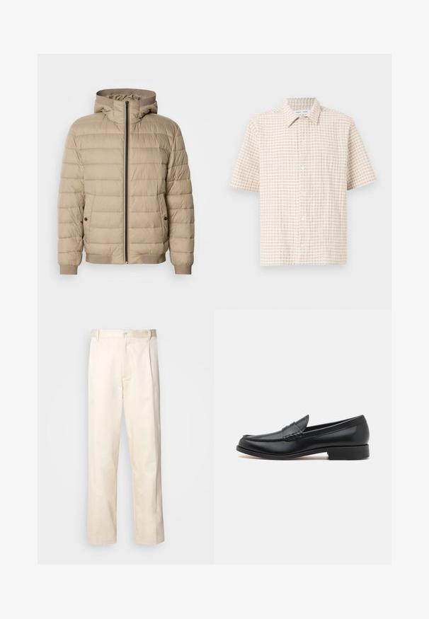 Beige színű puffernadrág, vízszintes varrással, kapucnival, elöl cipzáras záródással, oldalsó zsebekkel, amelyek snap gombbal záródnak, valamint bordás mandzsettákkal és aljjal.; Rövid ujjú, világos bézs ing, puha barna rácsos mintával, gombos elülső résszel és klasszikus gallérral. Simább anyagú textúra.; Beige pamut nadrág egyenes szárú kivágással, gombos záródással és elülső redőkkel a részletek fokozása érdekében.; Fekete bőr loafer, varrott mokaszin elejével, sima felülettel, kerek orral, alacsony sarokkal és diszkrét dekoratív elemekkel.