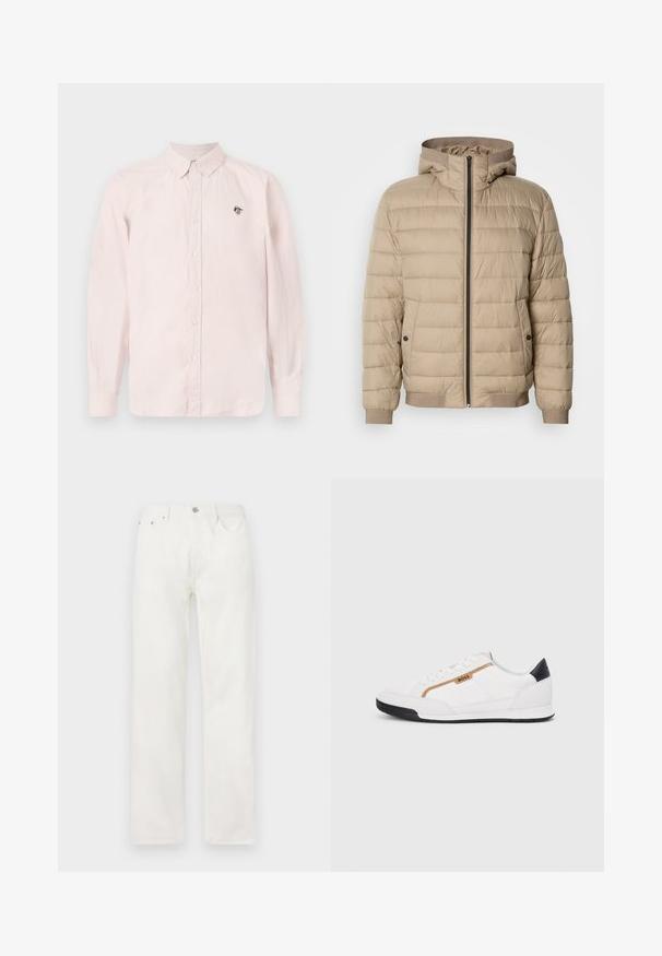 Bežna puhvasta jakna s horizontalnim šavovima, kapuljačom, prednjim zipom, bočnim žepovima s dugmadi na preklop i rebrastim manžetama i donjim rubom.; Svetlo roza srajca z dolgimi rokavi, ovratnikom in črno logotipno podrobnostjo na prsih. Narejena iz lahkega materiala.; Beli jeans z ravnimi nogami, z gumbom in zadrgo, pet žepnim dizajnom ter brez vidnih vzorcev ali akcentov.; Bele športne čevlje z mrežnimi in usnjenimi detajli. Opremljeni so z zlatim logotipom "BOSS", teksturiranimi stranskimi paneli in črnim kapcom na peti. Guma podplat.