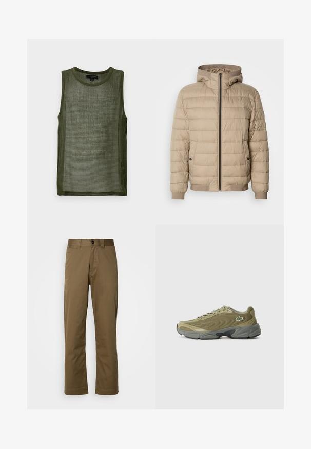 Bežinė pūkinė striukė su horizontaliu siuvimu, kapiju, priekiniais užtrauktukais, šoninėmis kišenėmis su snapeliu ir gumele rankogaliuose bei apatinėje dalyje.; Olive spalvos tinklelis be rankovių, su apvaliu iškirpimu ir tekstūruotu audiniu, turinčiu tinklelį visame paviršiuje.; Rudos, tiesios kojų kelnės, pagamintos iš audinio. Yra mygtukų užsegimas, šoninės kišenės ir lygus paviršius. Prigludęs siluetas.; Olive spalvos sportiniai bateliai su tekstūruota tinklelio viršutine dalimi, suapvalintu pirštu ir pilku guminio pado. Šone yra mažas siuvinėjimas logotipas.