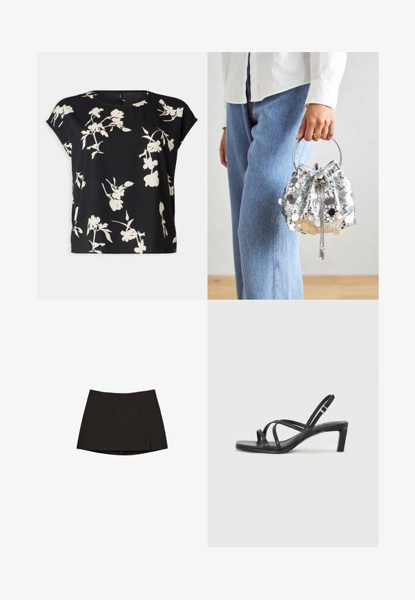 Schwarzer Kunstfellmantel mit Reverskragen, Knopfverschluss und entspannter Silhouette. Glatte Textur mit langen Ärmeln und seitlichen Taschen.; Vero Moda Curve VMNEWHALLIE NEW - T-Shirt print - black/paya; Schwarzer Minirock mit geradem Schnitt und einem leichten Schlitz an der Seite. Hergestellt aus glattem Stoff, mit einem sauberen Saum und minimalistischem Design.; Schwarze Sandale mit Riemchen, quadratischer Zehenform und niedrigem Blockabsatz. Verfügt über mehrere dünne Riemen und einen verstellbaren Knöchelriemen. Hergestellt aus glattem Leder.; Silberne Paillettentasche im Eimer-Stil mit einem runden metallischen Henkel; verfügt über einen Kordelzugverschluss und Kettenakzente, vor einem Hintergrund aus hellblauem Denim und weißem Stoff.; Goldfarbene Halskette mit einer dünnen Kette und einem V-förmigen Anhänger. Elegantes Design mit einer glatten, polierten Oberfläche und minimaler Detailgestaltung.