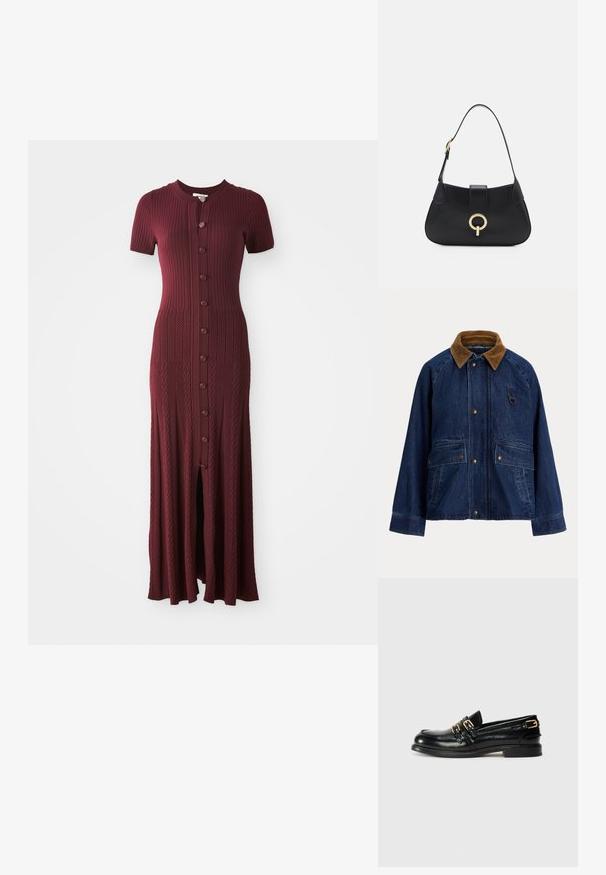 Denim jacket with a brown corduroy collar, front snap closures, two large patch pockets, and a small ring accent on the chest.; Burgundy ribbed maxi dress with short sleeves, round neckline, and button-down front. Features a center slit and textured pattern.; Black leather loafers with a glossy finish, featuring two gold buckles and a low heel. Smooth texture with rounded toe design.; Black leather handbag with a curved silhouette, short strap, central gold-tone hardware, and smooth texture. No visible patterns or accents.