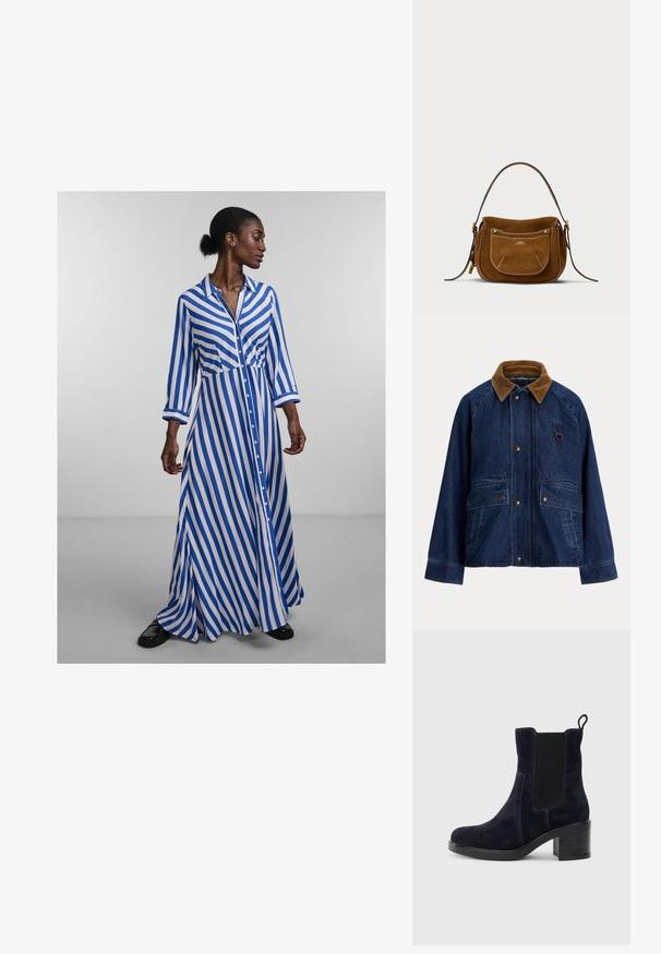 Casaco de ganga com gola em bombazine castanha, fechos de pressão frontais, dois grandes bolsos de remendo e um pequeno detalhe em argola no peito.; Vestido longo abotoado com riscas verticais azuis e brancas, mangas compridas, colarinho e uma saia fluida. Tecido suave com um corte descontraído.; Bota de tornozelo em camurça azul-marinho com painel elástico lateral, bico redondo e salto bloco. O tecido texturizado e a sola lisa criam um contraste.; Bolsa de ombro em camurça castanha com um formato curvado, costura em contraste, acabamentos em metal dourado e um bolso frontal com fecho.