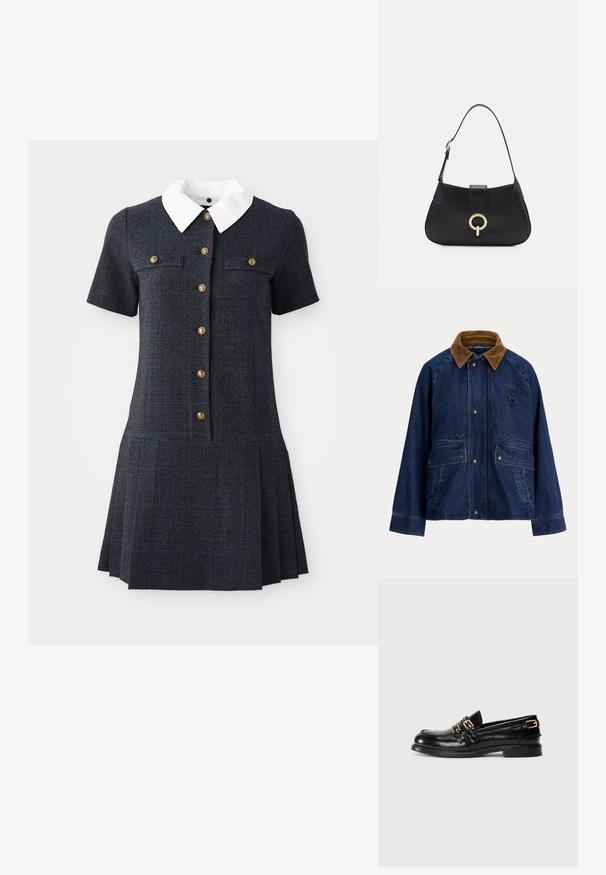 Giacca di jeans con colletto in velluto a coste marrone, chiusure frontali a clip, due grandi tasche applicate e un piccolo dettaglio ad anello sul petto.; Abito a quadri navy con maniche corte, colletto bianco e cinque bottoni dorati. Il design della gonna plissettata aggiunge texture e contrasto.; Mocassini neri in pelle con finitura lucida, dotati di due fibbie dorate e tacco basso. Texture liscia con design a punta arrotondata.; Borsa a tracolla in pelle nera con silhouette curva, manico corto, hardware centrale in tonalità oro e texture liscia. Nessun motivo o dettaglio visibile.