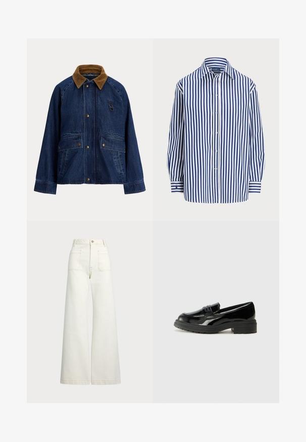 Denim jacket with a brown corduroy collar, front snap closures, two large patch pockets, and a small ring accent on the chest.; Striped shirt featuring vertical navy and white lines, a button-up front, and a classic collar. Long sleeves with button cuffs.; Wide-leg jeans in off-white denim. High-waisted design with a button closure, two front pockets, and contrast stitching details.; Black patent leather loafers with a thick black rubber sole, featuring a stitched vamp and smooth, shiny surface.