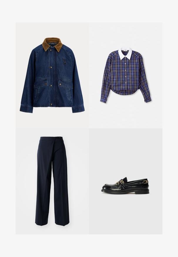 Farmerdzseki barna kordbársony gallérral, elől patentos záródással, két nagy foltzsebbel és egy kis gyűrűs díszítéssel a mellrészen.; Kék és szürke kockás, fehér gallérral ellátott rövidített ing, gombos záródással és díszítésekkel. Hosszú ujjú, gombos mandzsettával.; Tengerészeti széles lábú nadrág, amely átlapolt kialakítású, sima anyagból készült, magas derekú, és egyetlen gombbal záródik elöl.; Fekete bőr loaferek fényes felülettel, két arany csattal és alacsony sarkú kialakítással. Sima tapintású, lekerekített orrú dizájn.