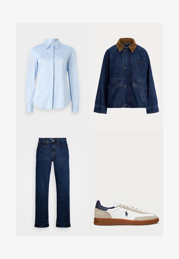 Kurtka dżinsowa z brązowym kołnierzem z sztruksu, zapinana z przodu na zatrzaski, z dwoma dużymi naszywanymi kieszeniami i małym metalowym pierścieniem na wysokości klatki piersiowej.; Jasnoniebieska koszula zapinana na guziki, z długimi rękawami, klasycznym kołnierzykiem i gładkim materiałem. Charakteryzuje się prostym krojem i mankietami zapinanymi na guziki.; Ciemnoniebieskie dżinsy typu straight leg, z pięcioma kieszeniami, miedzianymi szwami i klasycznym zapięciem na guzik.; Białe i beżowe sneakersy z cholewką z zamszu i skóry, granatowymi akcentami i brązową gumową podeszwą. Posiadają logo po boku oraz sznurowany design.