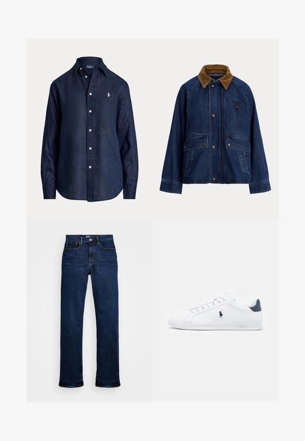 Kurtka dżinsowa z brązowym kołnierzem z sztruksu, zapinana z przodu na zatrzaski, z dwoma dużymi naszywanymi kieszeniami i małym metalowym pierścieniem na wysokości klatki piersiowej.; Granatowa lniana koszula z długim rękawem, zapinana na guziki, z wywiniętym kołnierzykiem i małym haftowanym logo na lewej piersi. Miękka, teksturowana tkanina.; Ciemnoniebieskie dżinsy typu straight leg, z pięcioma kieszeniami, miedzianymi szwami i klasycznym zapięciem na guzik.; Białe skórzane sneakersy o gładkim wykończeniu, granatowe akcenty i małe logo po boku. Posiadają płaskie sznurowadła i teksturowaną gumową podeszwę.