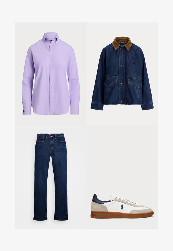 Farmerdzseki barna kordbársony gallérral, elől patentos záródással, két nagy foltzsebbel és egy kis gyűrűs díszítéssel a mellrészen.; Világos lila ing, klasszikus gallérral, hosszú ujjakkal és könnyű anyagból készült. Diszkrét, hímzett logó található az ujjak végén.; Sötétkék farmernadrág, egyenes szárú szabással, öt zsebével, rézszínű varrással és klasszikus gombos záródással.; Fehér és bézs sportcipők velúr és bőr felsőrésszel, sötétkék részletekkel és barna gumitalppal. Oldalán logó található, fűzős kialakítással.