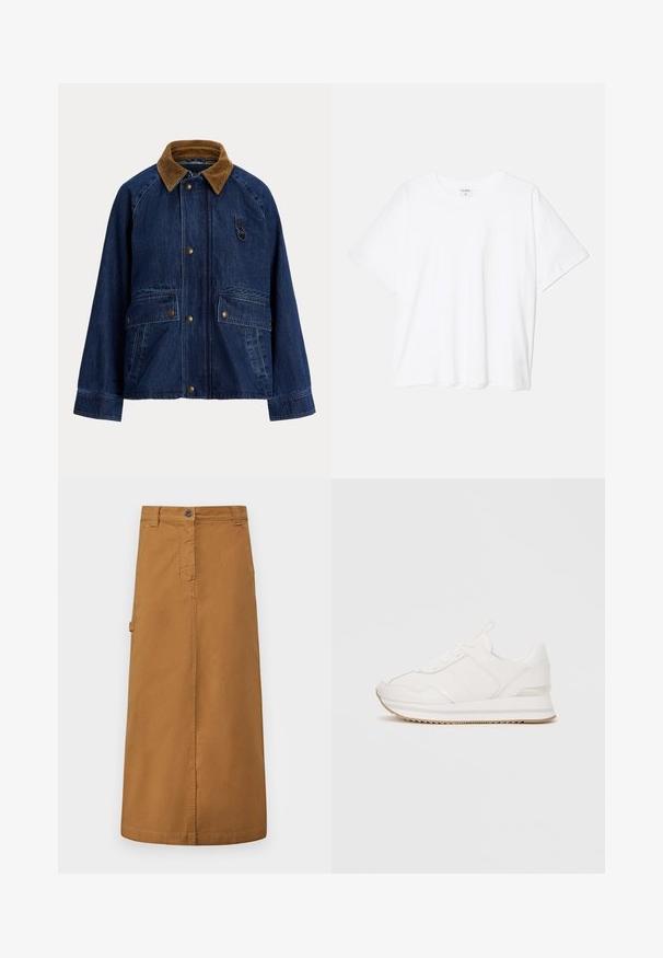 Denim jacket with a brown corduroy collar, front snap closures, two large patch pockets, and a small ring accent on the chest.; White cotton t-shirt with short sleeves, round neckline, relaxed fit, and stitched hem. Label visible on the inside neck.; Brown cotton midi skirt with a front button closure, belt loops, and side pockets. Smooth texture and straight cut design.; White low-top sneaker with lace-up front, cushioned sole, and beige rubber outsole against plain background.