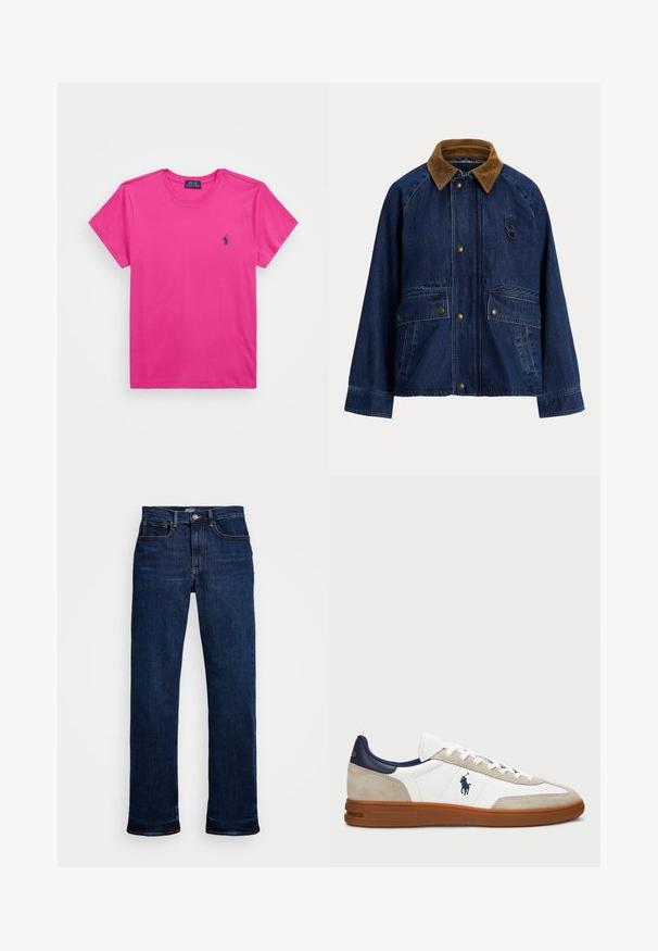 Džinsa jaka ar brūnu korduroja apkakli, priekšējiem sprādzētājiem, divām lielām ielāpu kabatām un nelielu gredzena dekoru uz krūtīm.; Rozā kokvilnas T-krekls ar apaļu kakla izgriezumu, īsām piedurknēm un nelielu tumši zilā krāsā logo kreisajā krūšu pusē. Mīksts audums un vienkāršs dizains.; Tumši zilo džinsu bikses ar taisnu kāju griezumu, kas satur piecas kabatas, vara diegu šuvumus un klasisku pogas aizdari.; Baltas un beigts sporta apavi ar zamšiem un ādas augšdaļu, jūras zila akcenti un brūna gumijas zole. Iezīmē logotipu sānos un šņorēšanas dizains.