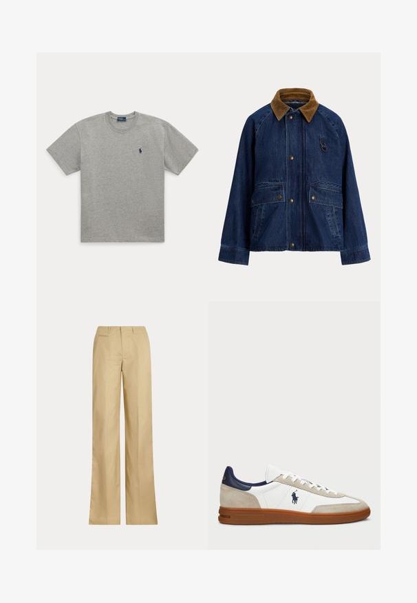 Farmerdzseki barna kordbársony gallérral, elől patentos záródással, két nagy foltzsebbel és egy kis gyűrűs díszítéssel a mellrészen.; Szürke pamut póló kerek nyakkal, rövid ujjakkal, és egy kis kék hímzett lólogóval a bal mellen.; Sima pamutból készült bézs, bő szárú nadrág, klasszikus derékrésszel és hátsó zsebből, egyenes vonalú fazonnal és minimális díszítéssel.; Fehér és bézs sportcipők velúr és bőr felsőrésszel, sötétkék részletekkel és barna gumitalppal. Oldalán logó található, fűzős kialakítással.