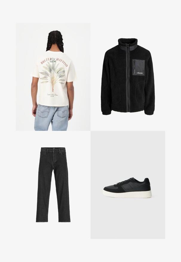 Črna flis jakna z visokim ovratnikom, polnim zadrgo in žepom na prsih z zadrgo. Ima teksturirano tkanino in stranske žepe. Logotip je prikazan na žepu.; Kratke rokave kremna majica z zelenim in modrim motivom lista na hrbtu, z rdečim besedilom "BREZL Del MATTINO" nad njim.; Črne kavbojke z ravnim krojem, ki vključujejo zadrgo, paski in šest žepov, narejene iz trpežne mešanice bombaža.; Črne nizke teniske z teksturiranim usnjem in paneli iz semiša, bela gumijasta podloga in črne vezalke na enobarvni svetli podlagi.