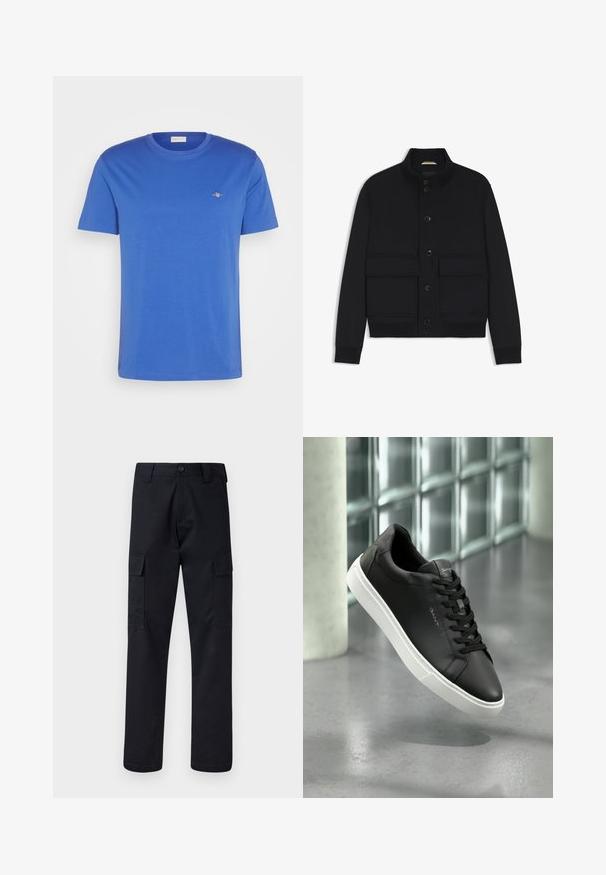 Marineblå jakke lavet af glat stof, med en høj krave, frontknapper og to store brystlommer med ribbede manchetter.; Blå kortærmet T-shirt lavet af bomuld. Har en rund halsudskæring og et lille broderet logo på brystet. Glat tekstur.; Sorte cargo bukser lavet af robust stof, med en lige benklipp, to sidelommer og en knaplukning i taljen.; Sort lædersneakers med hvid gummisål, rund tå og snøringer. Har en glat overflade og diskret branding på tungen.