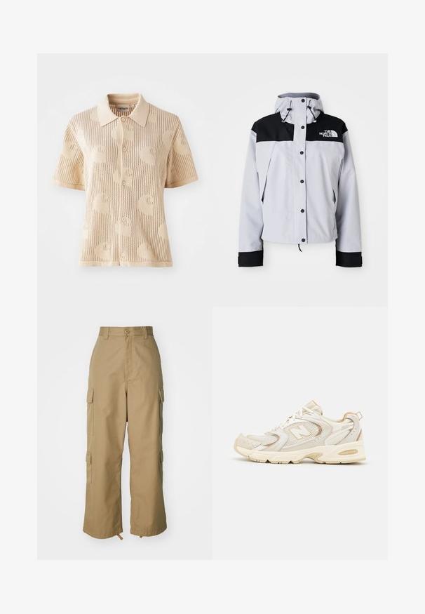 Hellgraue und schwarze Kapuzenjacke mit vorderen Knöpfen, verstellbaren Kordelzügen und dem The North Face-Logo auf der Brust.; Roter gestrickter Pullover mit einem hohen Rippkragen. Ausgestattet mit horizontalen Rippungen am Saum und an den Bündchen. Das "ellesse"-Logo ist in Blau und Weiß deutlich sichtbar.; Strickpoloshirt in Beige mit kurzen Ärmeln, ausgestattet mit einer gemusterten Textur und einem Knopfverschluss mit fünf Knöpfen. Leichtgewichtig mit einem atmungsaktiven Design.; Beige Cargo-Hosen mit hoher Taille, weitem Bein und vier großen Seitentaschen. Aus strapazierfähigem Stoff mit glatter Textur und minimalen Details.; Beige Sportlichchuhe mit Mesh- und synthetischen Überzügen, mit einer strukturierten Oberfläche, gepolstertem Kragen und "ABZORB"-Dämpfung an der Ferse.