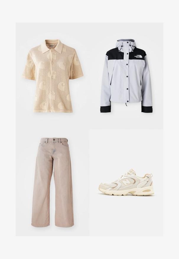 Casaco com capuz em cinza claro e preto, com botões frontais, cordões ajustáveis e o logótipo da The North Face no peito.; Suéter vermelho de malha com um colarinho alto canelado. Apresenta canelados horizontais na bainha e punhos. O logótipo "ellesse" é exibido em destaque em azul e branco.; Polo de malha em bege com mangas curtas, apresentando uma textura estampada e fecho de cinco botões. Leve e com um design arejado.; Calças de ganga largas em bege, com uma cintura alta, design de cinco bolsos e fecho de botão. O tecido tem uma textura suave e um ligeiro desbotamento na frente.; Tênis de desporto bege com sobreposições em malha e sintético, apresentando uma superfície texturizada, colarinho almofadado e amortecimento "ABZORB" no calcanhar.