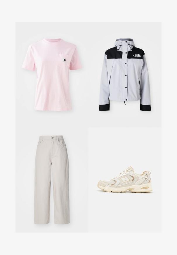 Lysegrå og sort hættejakke med frontknapper, justerbare snore og The North Face-logo på brystet.; Rød strikket sweater med høj ribkant. Har horisontale ribbede detaljer ved kanten og manchetterne. "ellesse" logoet er fremtrædende vist i blå og hvid.; Lyserød bomulds t-shirt med rund halsudskæring, korte ærmer og en venstre brystlomme, der har en lille logo-patch. Glat tekstur.; Beige brede benbukser i cotton med høj talje, knap- og lynlås-lukning og fire lommer; glat tekstur med denim-finish.; Beige atletik sko med mesh og syntetiske overlejringer, med en tekstureret overflade, polstret krave og "ABZORB" dæmpning ved hælen.