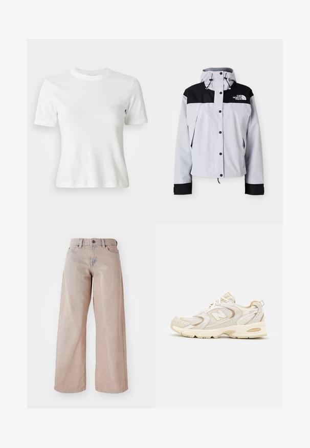 Light gray and black hooded jacket with front buttons, adjustable drawstrings, and The North Face logo on chest.; Red knitted sweater with a high ribbed collar. Features horizontal ribbing at the hem and cuffs. "ellesse" logo is prominently displayed in blue and white.; White ribbed short-sleeve t-shirt with a round neckline and a small logo on the chest. Made from soft fabric with a fitted design.; Beige wide-leg jeans with a high waist, five-pocket design, and button closure. The fabric has a soft texture and slight fade at the front.; Beige athletic shoes with mesh and synthetic overlays, featuring a textured surface, padded collar, and "ABZORB" cushioning at the heel.