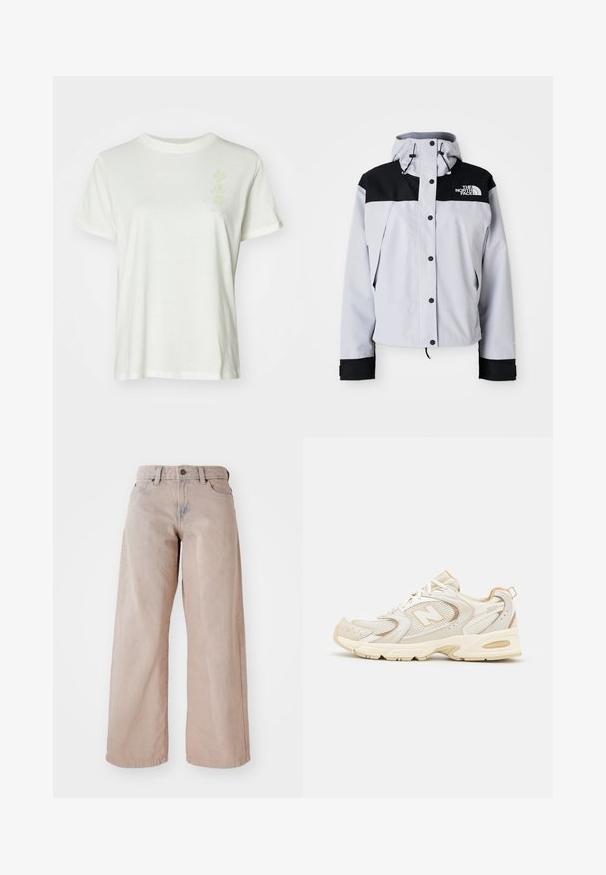 Giacca con cappuccio grigio chiaro e nera, con bottoni frontali, coulisse regolabile e logo The North Face sul petto.; Maglione rosso lavorato a maglia con colletto alto a coste. Presenta righe orizzontali nell'orlo e nei polsini. Il logo "ellesse" è in mostra in blu e bianco.; T-shirt bianco in cotone con colletto rotondo, maniche corte e un sottile motivo floreale pastello sulla parte anteriore. Tessuto morbido, vestibilità rilassata.; Jeans beige a gamba larga con vita alta, design a cinque tasche e chiusura con bottone. Il tessuto ha una consistenza morbida e una leggera sfumatura sulla parte frontale.; Scarpe sportive beige con sovrapposizioni in mesh e materiale sintetico, dotate di una superficie testurizzata, colletto imbottito e ammortizzazione "ABZORB" nel tallone.