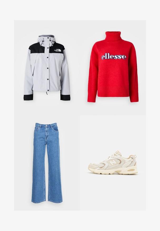 Jachetă cu glugă de culoare gri deschis și negru, cu butoane frontale, șnururi ajustabile și logo-ul The North Face pe piept.; Pulover roșu tricotat, cu guler înalt cu nervuri. Are nervuri orizontale la marginea de jos și la manșete. Logo-ul "ellesse" este afișat proeminent în albastru și alb.; Jeanși largi din denim albastru, cu talie înaltă, având două buzunare frontale și închidere cu buton. Țesătura are un finisaj ușor texturat.; Încălțăminte sport bej cu plasă și suprapuneri sintetice, având o suprafață texturată, guler umplut și amortizare „ABZORB” la călcâi.