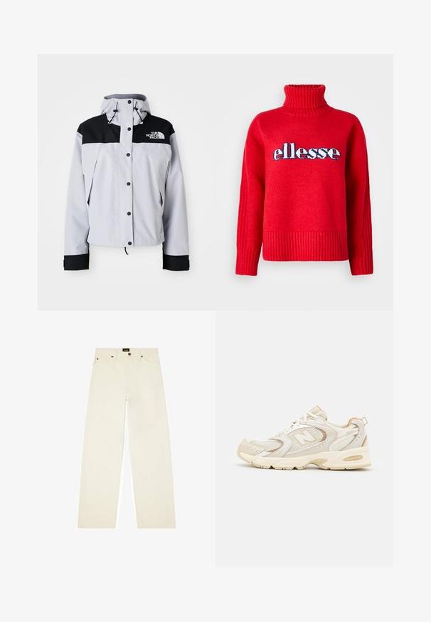 Jasnoszara i czarna kurtka z kapturem z guzikami z przodu, regulowanymi sznurkami i logo The North Face na klatce piersiowej.; Czerwony sweter z dzianiny z wysokim prążkowanym kołnierzem. Posiada poziome prążkowanie na dolnym brzegu i mankietach. Logo "ellesse" jest wyraźnie wyeksponowane w kolorze niebieskim i białym.; Kremowe spodnie z szerokimi nogawkami wykonane z denimu, z zapięciem na guzik, pięcioma kieszeniami i kontrastującymi detalami szycia.; Beżowe buty sportowe z siateczkowymi i syntetycznymi nakładkami, z teksturowaną powierzchnią, wyściełanym kołnierzem oraz amortyzacją "ABZORB" w pięcie.