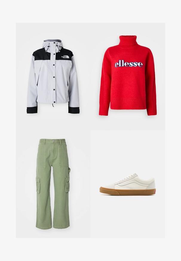 Lys grå og svart hettejakke med frontknapper, justerbare snorer og The North Face-logo på brystet.; Rød strikket genser med høy ribbestrikket krage. Har horisontal ribbing på hem og mansjetter. "ellesse"-logoen er fremtredende i blått og hvitt.; Grønne bomulls cargo-bukser med bred bendesign, som har to store sidelommer og en knappeåpning i livet. Strukturerte stoffer.; Hvite lerret sneakers med lav skaft, gummisåle, rund tå, snøring og sidestripe i lær.