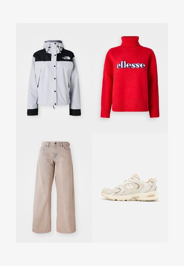 Gaišpelēka un melna kapuce jaka ar priekšējiem pogām, regulējamiem aukliņām un The North Face logotipu uz krūtīm.; Sarkans adīts džemperis ar augstu ribotu apkakli. Tam ir horizontālas ribas apmali un piedurkņu galiem. "ellesse" logo ir redzams izteiksmīgi ziltā un baltā krāsā.; Gaiši brūni platā kāju džinsi ar augstu jostu, piecu kabatu dizainu un pogu aizdari. Audumam ir mīksta tekstūra un neliela izbalēšana priekšpusē.; Bēši sporta apavi ar sietu un sintētiskām pārklājumiem, ar teksturētu virsmu, mīkstu apkaklīti un "ABZORB" amortizāciju papēdī.