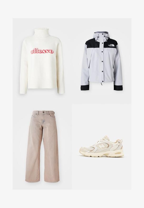 Chaqueta con capucha en gris claro y negro, con botones frontales, cordones ajustables y el logo de The North Face en el pecho.; Suéter blanco de punto con un alto cuello acanalado, con un logo bordado en rojo de "ellesse" en el pecho. Mangas largas con puños acanalados.; Jeans amplios beige con una cintura alta, diseño de cinco bolsillos y cierre de botón. La tela tiene una textura suave y un ligero desvanecimiento en la parte frontal.; Zapatillas deportivas beige con superposiciones de malla y sintéticas, presentando una superficie texturizada, un collar acolchado y amortiguación "ABZORB" en el talón.