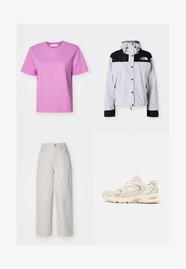 Lichtgrijs en zwarte hoodiejack met voorste knopen, verstelbare trekkoorden en het logo van The North Face op de borst.; Korte mouwen T-shirt met ronde hals in effen lichtroze, gemaakt van katoen, met een zachte textuur en rechte pasvorm. Eenvoudig ontwerp, geen extra accenten.; Beige wijde katoenbroek met hoge taille, knoop- en ritssluiting, en vier zakken; zachte textuur met denimafwerking.; Beige sport schoenen met gaas- en synthetische overlays, voorzien van een textuur, een gevoerde kraag en "ABZORB" demping bij de hiel.