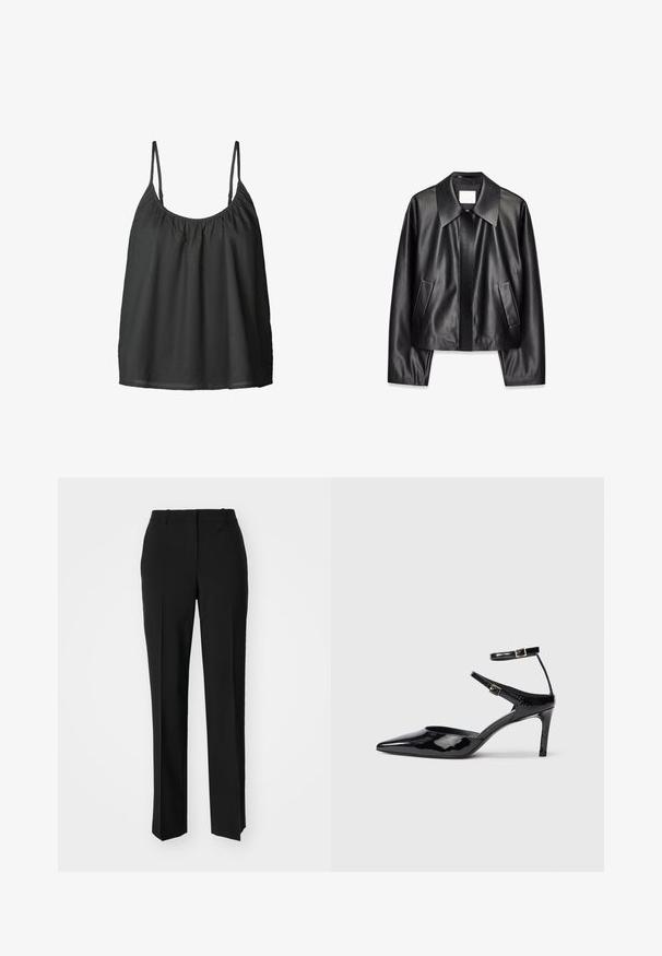 Must hijakk, millel on lai krae, ees taskud ja sile tekstuur. Disain on lühendatud ning pikkade varrukatega.; Must on musta ilma varrukatopp, millel on õhukesed reguleeritavad rihmad, kogutud kaelus ja vaba lõige. Valmistatud kergest kangast, mille pehme tekstuur.; Mustad ja sirged püksid, millel on sile tekstuur ja teravad voldid esiosas. Ilma nähtavate detailideta.; Mustad nahast mustad kontsad terava ninaga, reguleeritavate pahkluu rihmade ja õhukese kontsaga. Sile tekstuur läikiva viimistlusega.