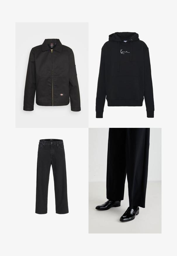 Černá zipová bunda s límcem, vybavená dvěma předními kapsami a malým logem na dolní straně. Vyrobena z odolné tkaniny s hladkou strukturou.; Černá mikina s kapucí vyrobená z měkké tkaniny, s přední kapsou, šňůrkami na stažení a bílou výšivkou loga na prsou. Klasický střih a pletené manžety.; Černé džíny rovného střihu z denimu s knoflíkovým a zipovým zapínáním, poutky na opasek a předními i zadními kapsami.; Černé kožené společenské boty s lesklým povrchem, s hladkou špičkou a nízkým podpatkem, doplněné volně střiženými černými kalhotami.