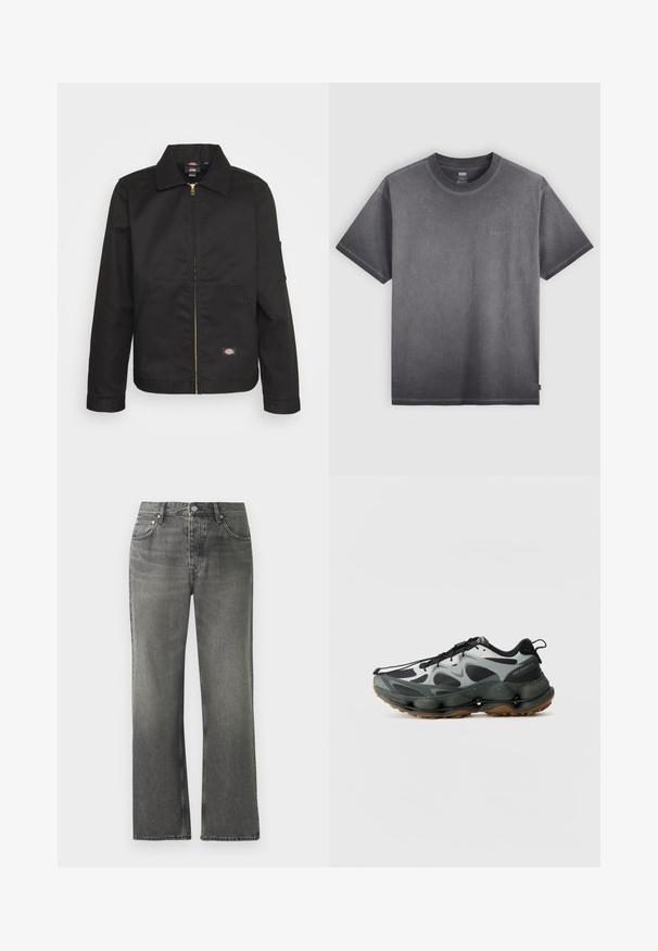Jachetă neagră cu fermoar și guler, având două buzunare frontale și un mic logo pe partea inferioară. Fabricată dintr-un material rezistent cu o textură netedă.; Tricou din bumbac gri cu guler rotund, mâneci scurte și un detaliu discret cu logo pe piept. Textură moale și croială lejeră.; Jeans din denim gri cu un design drept, cinci buzunare și detalii vizibile de cusătură. Ușoară decolorare de la talie la margine.; Pantofi sport negri și gri cu parte superioară din plasă, talpă sculptată și talpă din cauciuc. Prezintă un sistem de șireturi sigur și o bucată de material pentru tragere la călcâi.