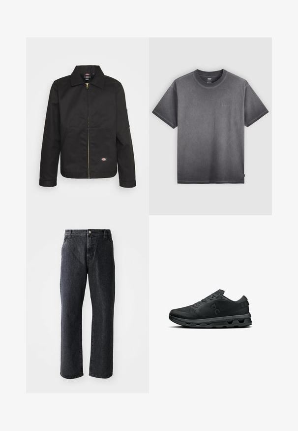 Must mustriga jakki, millel on krae, kaks esipocketit ja väike logo alumises osas. Valmistatud vastupidavast kangast, millel on sile tekstuur.; Hall hall ja crewni kaelusega hall puuvillane T-särk, lühikeste varrukatega ja õrn logo detailiga rinnal. Pehme tekstuur ja mugav istuvus.; Mustad teksad sirge lõikega, nööbiga kinnitamine, viis taskut ja peen tekstuur. Klassikaline disain ilma silmatorkavate mustriteta.; Mustad mustat spordijalatsid, millel on võrgusilmast pealmine osa, polsterdatud krae ja kummeeritud tald, millel on märgatav segmentide disain. Paelad on läbi tõhustatud silmade sisse tõmmatud.