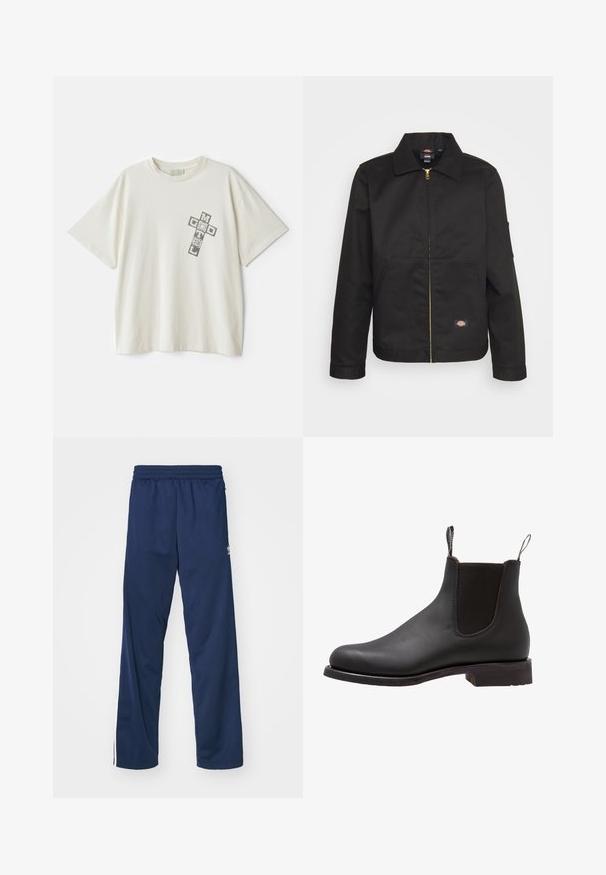 Jachetă neagră cu fermoar și guler, având două buzunare frontale și un mic logo pe partea inferioară. Fabricată dintr-un material rezistent cu o textură netedă.; Tricou din bumbac, de culoare crem, cu mâneci scurte; are un imprimeu grafic cu textul "MOTEL" și "DUMNEZEU" aranjat în formă de cruce pe partea stângă a pieptului.; Pantaloni atletici de culoare bleumarin, cu o talie elastică, având dungi laterale albe și un accent cu logo pe coapsa stângă.; Botine Chelsea din piele neagră, cu panouri elastice laterale, branșe pentru tragere și un toc mic. Textură netedă și design curat, fără modele suplimentare.