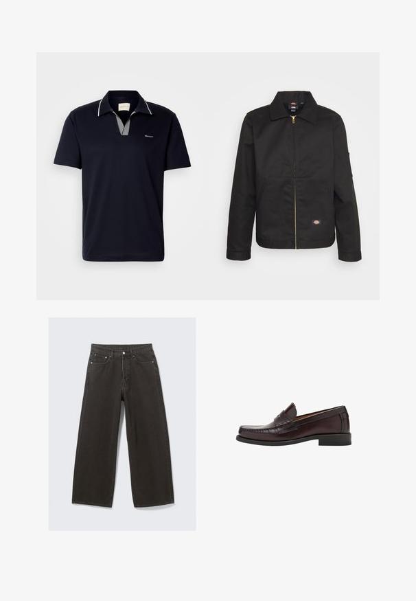 Musta vetoketjullinen takki, jossa on kaulus, kahdella etutaskulla ja pieni logo alaosassa. Valmistettu kestävästä kankaasta, jossa on sileä pinta.; Tummansininen lyhythihainen polo-paita puuvillasta, jossa on raidallinen kaulus ja V-kaula-aukko, sekä pieni logo rinnassa.; Mustat leveälahkeiset farkut, joissa on korkea vyötärö, viisi taskua ja napitus. Kankaan pinta on pehmeä ja teksturoidun tuntuinen.; Ruske nahkasaapad ümarate varvastega, esiküljel dekoratiivne tikand ja lapik kummitald toetuse ja vastupidavuse tagamiseks.