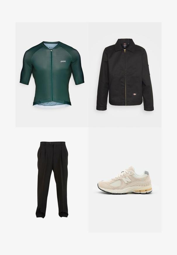 Černá zipová bunda s límcem, vybavená dvěma předními kapsami a malým logem na dolní straně. Vyrobena z odolné tkaniny s hladkou strukturou.; Tmavě zelený cyklistický dres se krátkými rukávy, předním zipem a decentním logem. Vyrobeno z lehkého, prodyšného materiálu.; Černé kalhoty z hladké tkaniny, se zapínáním na tlačítko v pase, předními sklady a zúženými manžetami u kotníků. Klasický elegantní střih.; Světlobéžová běžecká obuv vyrobená z prodyšného materiálu a semiše, s odpruženou podrážkou, tkaničkami a šedým akcentem na patě.