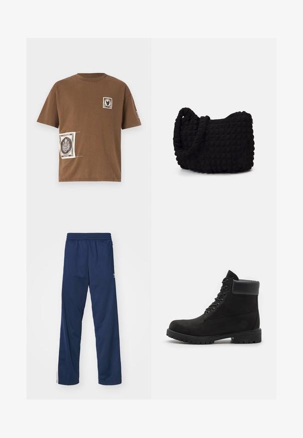 Melna jaka ar rāvējslēdzēju un apkakli, kurai ir divas priekšējās kabatas un neliels logotips apakšējā daļā. Izgatavota no izturīgas auduma ar gludu tekstūru.; Brūna kokvilnas T-krekls ar apaļu kakla izgriezumu, kas rotāts ar divām dekoratīvām uzlīmēm, kas atgādina vintage pastmarkas melnbaltā krāsā.; Tumši zili sporta bikses ar elastīgu jostasvietu, ar baltām sānu svītrām un logotipa akcentu uz kreisā augšstilba.; Melni šņorējamie potīšu zābaki ar mīkstu apkakli un izturīgu zoli, parādīti profila skatā uz balta fona.; Melnas auduma soma ar strukturētu, quiltotu rakstu. Apaļa forma, īsas, resnas rokturi un mīksta, elastīga konstrukcija.