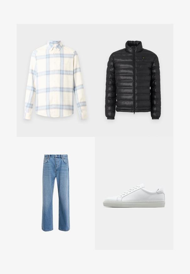 Črna puhovka z visokim ovratnikom, zadrgo spredaj in rebrastimi manšetami. Ima vodoravno prešito strukturo in majhno logo na prsih. Lahka material.; Srajca s dolgimi rokavi v karirastem vzorcu v smetanasti barvi z modrimi in svetlomodrimi črtami. Ima gumbasto zapiranje spredaj, ovratnik in en sam žep na prsih. Material: bombaž.; Svetlo modre denim kavbojke s ravno nogavico, petimi žepi, z gumbom za zapiranje, minimalnim zbledelostjo in kontrastnimi šivi.; Bela športna obutev z gladkim usnjenim zgornjim delom in nizkim profilom. Ima zaokrožen nos, šest lukenj za vezalke in teksturiran gumijast podplat.
