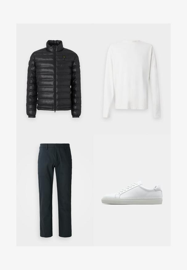 Črna puhovka z visokim ovratnikom, zadrgo spredaj in rebrastimi manšetami. Ima vodoravno prešito strukturo in majhno logo na prsih. Lahka material.; Bela bombažna srajca z dolgimi rokavi in okroglo ovratnikom, z bočnimi razporki na dnu in gladko teksturo, prikazana s hrbtne strani.; Črne hlače ravnega kroja, izdelane iz gladkega materiala; vsebujejo obročke za pas in raven sprednji del. Vključene so stranske žepe.; Bela športna obutev z gladkim usnjenim zgornjim delom in nizkim profilom. Ima zaokrožen nos, šest lukenj za vezalke in teksturiran gumijast podplat.
