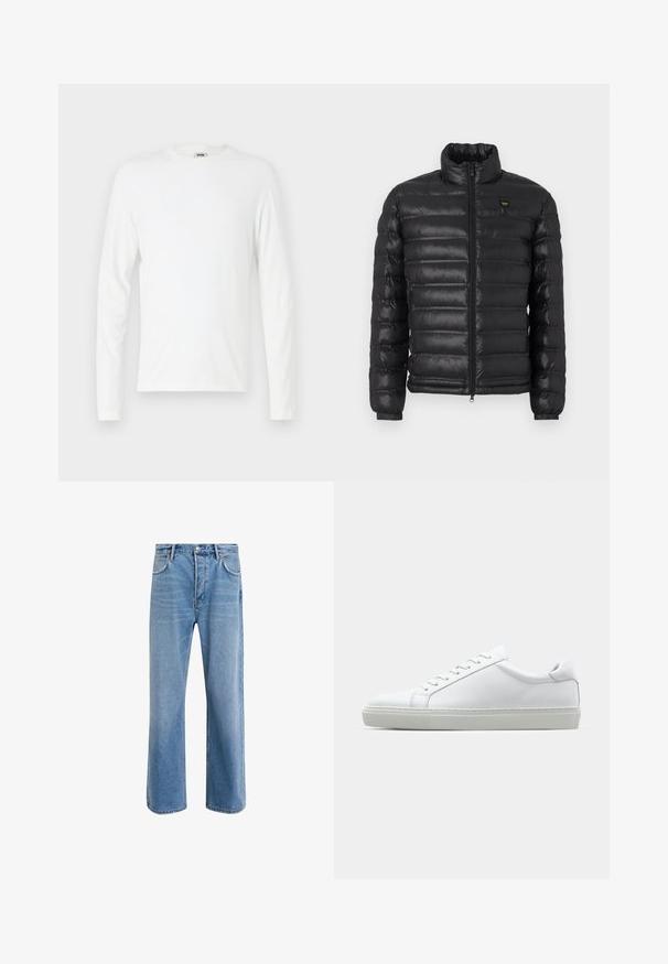 Svart puffjakke med høy krage, glidelås foran og ribbede mansjetter. Har horisontal quilting og en liten logo på brystet. Lett materiale.; Langermet hvit t-skjorte laget av myk bomull, med rund hals og en avslappet passform uten synlige mønstre eller detaljer.; Lys blå denimjeans med rett ben-design, fem lommer, knappeåpning, minimal falming og kontrasterende sømdetaljer.; Hvit sneakers med en glatt skinnoverdel og lav profil. Har en rund tå, seks snøring hull, og en teksturert gummisåle.